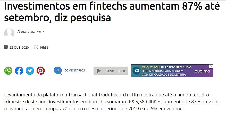 Investimentos em fintechs aumentam 87% at setembro, diz pesquisa